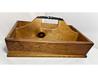 Vintage Primitive Handmade Wooden Tray Cutlery Box Rod Iron Handle Farmhouse