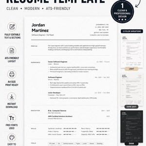 Minimal Resume Template Canva, Software Engineer Resume, Clean CV Template, Developer Resume, ATS Friendly, Instant Download Resume