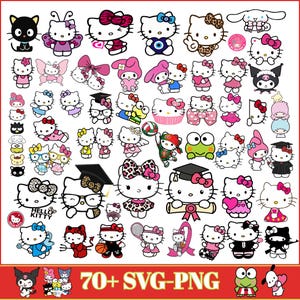 Pode incluir: Uma coleção de mais de 70 ilustrações digitais apresentando Hello Kitty e vários personagens Sanrio em diversos trajes e poses, incluindo capelos, equipamentos esportivos e laços, com o texto 70+ SVG-PNG na parte inferior da imagem.