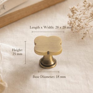 Pode incluir: Um puxador de armário de latão em forma de trevo com acabamento escovado. O puxador tem um comprimento e largura de 28 mm por 28 mm, uma altura de 25 mm e um diâmetro de base de 18 mm. A ferragem apresenta um design arredondado de quatro folhas.