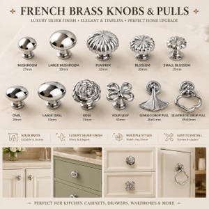 French Brass Cabinet Knobs, Silver Drawer Pulls, Luxury Kitchen Handles, Vintage Chic Furniture Hardware