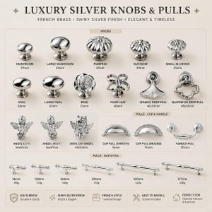 French Brass Cabinet Knobs, Silver Drawer Pulls, Luxury Kitchen Handles, Vintage Chic Furniture Hardware