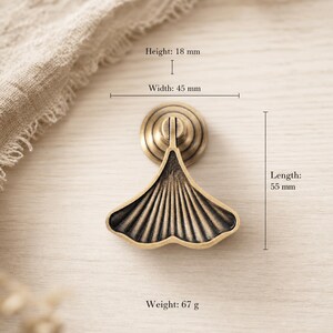May include: A brass-toned metal drop pull with a ginkgo leaf shape, featuring a circular mounting base and ribbed texture. The hardware has a height of 18 mm, a width of 45 mm, a length of 55 mm, and a weight of 67 g as indicated by text.