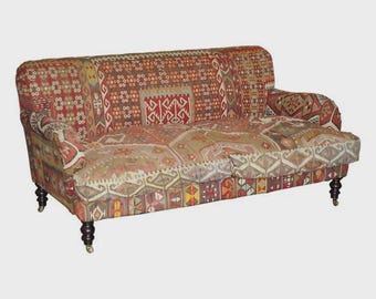 Vintage George Smith Kilim Upholstered Three Seat Couch or Feather Cushions Sofa.