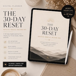 Może przedstawiać: Cyfrowy planer wyświetlony na ekranie tabletu zatytułowany The 30-Day Reset, z grafiką górskiego krajobrazu. Tekst zawiera Refocus, Rebuild, Become Her oraz wymienia funkcje takie jak set intentions, build habits, reflect and grow i transform your life. Biały rysik leży obok tabletu.