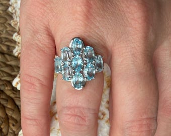 Vintage Sterling Silver Blue Topaz Statement Ring | Multi-Stone Cocktail| Oval Gemstone Cluster| Size 7