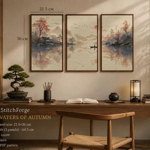 Japanese Autumn Lake Triptych Cross Stitch Pattern | Reflection Landscape PDF Chart