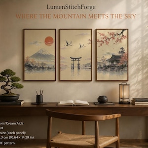 Japanese Triptych Cross Stitch Pattern | Mount Fuji, Torii Gate, Cherry Blossom (Digital PDF)