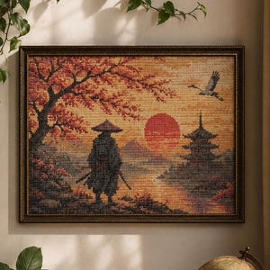 Samurai Sunset Cross Stitch Pattern | Japanese Warrior, Cherry Blossom, Pagoda (Instant Download)