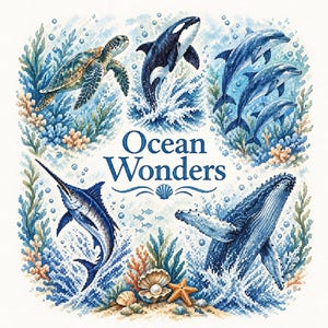 May include: A cross-stitch pattern featuring the text Ocean Wonders in blue, surrounded by a sea turtle, an orca, three dolphins, a swordfish, and a humpback whale, with coral, a seashell with a pearl, and a starfish at the bottom.