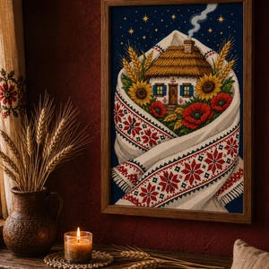 May include: A framed cross-stitch embroidery depicting a small thatched-roof cottage nestled within a white embroidered cloth featuring red geometric patterns, surrounded by sunflowers, red poppies, and wheat stalks against a dark blue starry sky.