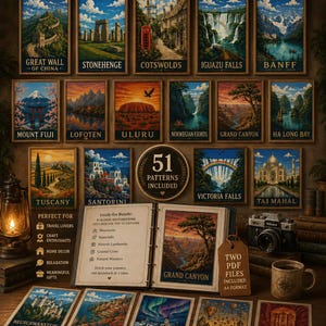May include: A digital PDF cross stitch pattern bundle titled Stitch the World, featuring 51 iconic global landmarks. The collection includes illustrated patterns of the Great Wall, Stonehenge, Taj Mahal, and others, displayed as a set of prints and a binder.