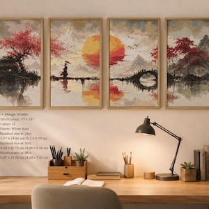 Könnte beinhalten: Ein vierteiliges Kreuzstich-Set mit japanischer Landschaft, Kirschblüten, einer Figur mit Regenschirm, Sonne und Brücke. Details: 77x137 Stiche, 15 Farben, weißer Aida-Stoff, fertige Größen 13,97x24,86 cm, 12,22x21,75 cm, 10,87x19,33 cm.