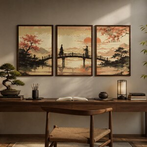 Samurai Farewell Triptych Cross Stitch Pattern | Sunset Cherry Blossom Reunion (PDF Download)