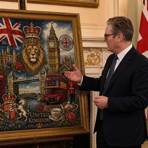 May include: A framed tapestry featuring a collage of British icons including the Union Jack, a lion, Big Ben, a red telephone box, a double-decker bus, the royal coat of arms, and a teacup, with the text United Kingdom printed at the bottom.