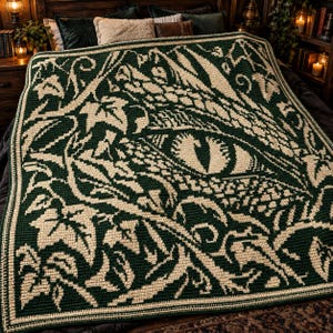May include: A rectangular crochet blanket featuring a dark green and cream color scheme. The design displays a large, detailed reptilian eye surrounded by intricate, sprawling ivy leaves and vine patterns that cover the entire surface area.