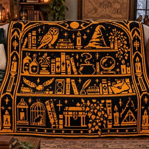 May include: A black and orange crochet blanket featuring a detailed pattern of bookshelves, an owl, a wizard hat, a cauldron, a crystal ball, a winged ball, and a treasure chest. The design is framed by gothic-style arches and candle motifs.