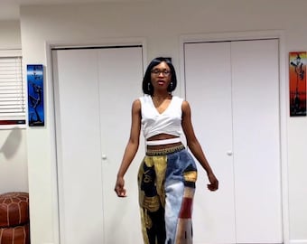 Unisex upcycle pants  with Egyptian cat