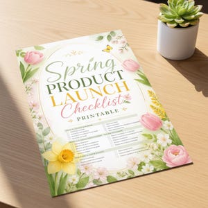 May include: A printed checklist titled Spring PRODUCT LAUNCH Checklist PRINTABLE, decorated with illustrations of pink tulips, a yellow daffodil, small white flowers, green leaves, and a small yellow butterfly, all framed within a gold oval border.