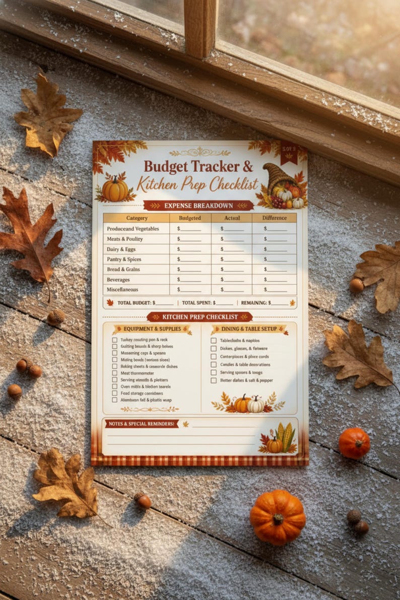 Thanksgiving Dinner Menu and Grocery List Planner, Holiday Meal