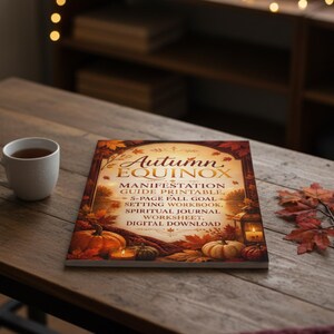 Op de afbeelding: Een gedrukt boekje met de titel Autumn Equinox Manifestation Guide Printable, 5-Page Fall Goal Setting Workbook, Spiritual Journal Worksheet, Digital Download. De omslag toont oranje pompoenen, herfstbladeren en een lantaarn.