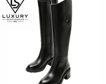 Black Leather Knee-High Boots-Chunky Heel Side Zip Riding Footwear