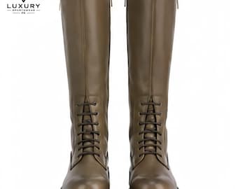 Botas altas de combate marrones para mujer / Botas de montar con cordones / Botas altas de cuero / Suela negra gruesa / Botas de moda