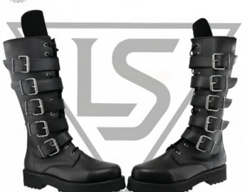 Black Gothic Biker Boots Tall Buckle Punk Rock Combat Boots
