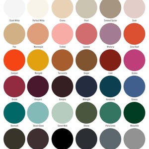 May include: A colour chart featuring thirty-six circular swatches arranged in a six-by-six grid. Each circle displays a unique solid colour with its corresponding name printed in black text underneath, including Stark White, Crema, Coral Reef, and Black.