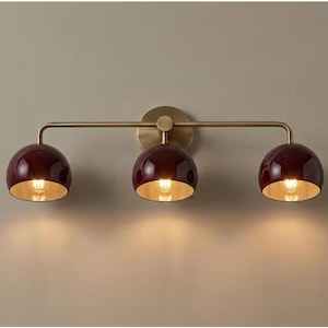Mid Century Modern Brass Wall Sconce Shades 3 Light Vanity Wall Light Triple Burgundy Wall Lamp