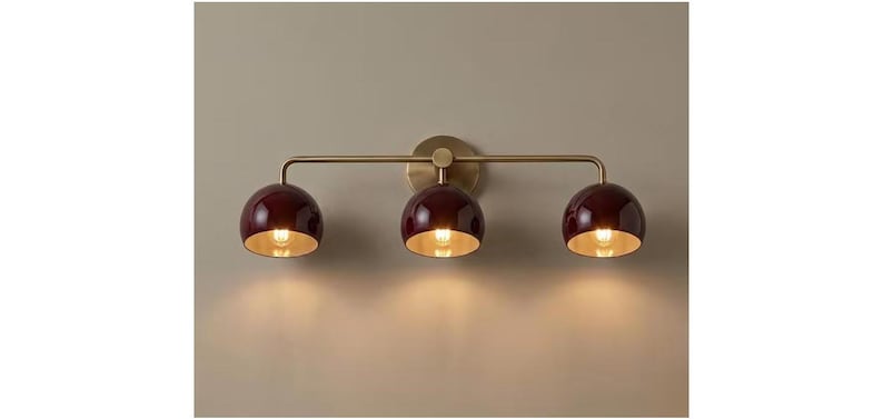 Mid Century Modern Brass Wall Sconce Shades 3 Light Vanity Wall Light Triple Burgundy Wall Lamp