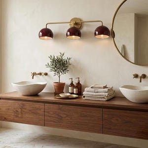 Mid Century Modern Brass Wall Sconce Shades 3 Light Vanity Wall Light Triple Burgundy Wall Lamp