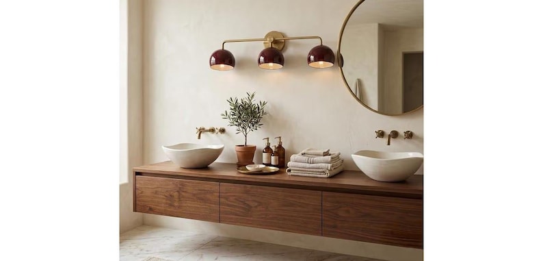Mid Century Modern Brass Wall Sconce Shades 3 Light Vanity Wall Light Triple Burgundy Wall Lamp