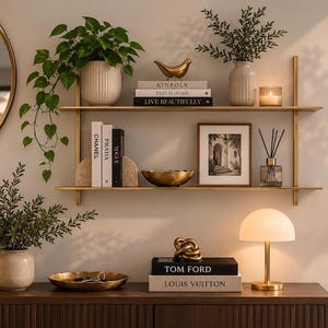 Handmade Solid Brass Double Floating Shelf: Modern 2 Tier Wall Mounted Display Rack Storage - Modern Wall Decor, Bathroom Organizer