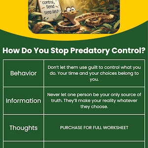 Puede incluir: Un gr&aacute;fico educativo verde y blanco titulado How Do You Stop Predatory Control? con una serpiente de dibujos animados junto a un letrero que dice Can't get control, Send SEND HELP. La tabla enumera Behavior, Information, Thoughts y Emotions.