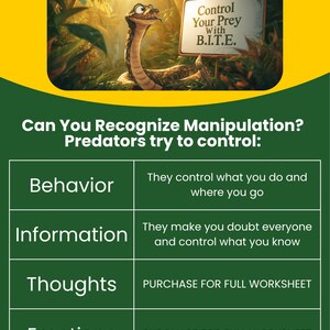 Puede incluir: Una infograf&iacute;a educativa que muestra una serpiente en un entorno selv&aacute;tico junto a un letrero que dice Control Your Prey With B.I.T.E. Debajo, una tabla titulada Can You Recognize Manipulation? Predators try to control: enumera Behavior, Information, Thoughts y Emotions.