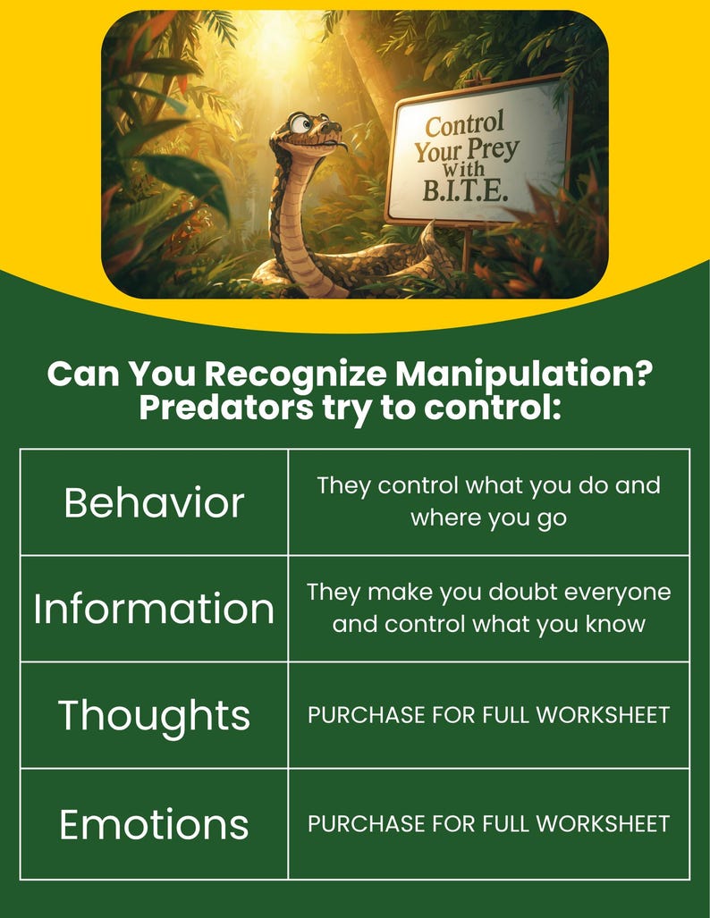 Puede incluir: Una infograf&iacute;a educativa que muestra una serpiente en un entorno selv&aacute;tico junto a un letrero que dice Control Your Prey With B.I.T.E. Debajo, una tabla titulada Can You Recognize Manipulation? Predators try to control: enumera Behavior, Information, Thoughts y Emotions.