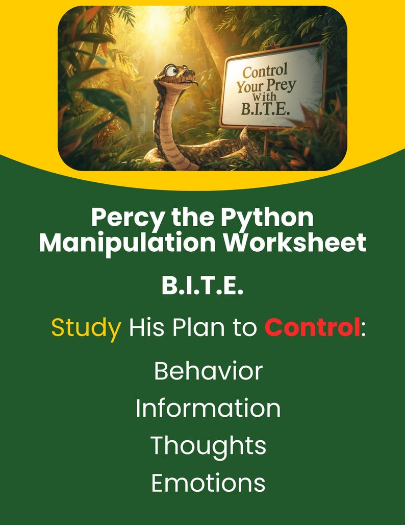 Puede incluir: Una hoja de trabajo titulada Percy the Python Manipulation Worksheet B.I.T.E. con una serpiente de dibujos animados en una selva junto a un letrero que dice Control Your Prey With B.I.T.E. El texto enumera Behavior, Information, Thoughts, Emotions.