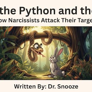 May include: A book cover titled Percy the Python and the 4 D's: How Narcissists Attack Their Targets, Written By: Dr. Snooze. The illustration shows a cartoon python hanging from a tree branch looking down at a grey rabbit in a forest.