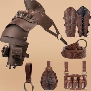 May include: A brown leather shoulder armor piece with three small glass vials, a pair of brown leather bracers with buckles and laces, a brown leather belt with Celtic knot patterns, a belt loop with a metal ring, and a brown leather pouch.