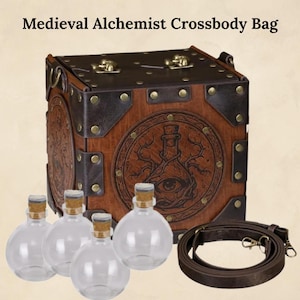 May include: A square brown box-shaped bag with dark brown corner reinforcements, brass-colored rivets, and two metal latches on top. The front features a circular embossed design of an eye and a bottle. Includes four clear glass bottles with cork stoppers and a detachable brown shoulder strap.