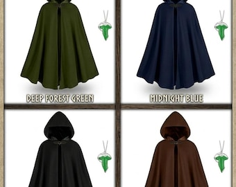 Mantello medievale con cappuccio e collana con spilla a foglia, costume rinascimentale