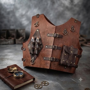 May include: A brown leather vest featuring three horizontal buckle straps, a diamond-shaped patch with two glass vials, and a small attached pouch. A brown leather-bound journal with a brass compass and two metal gears lie nearby.