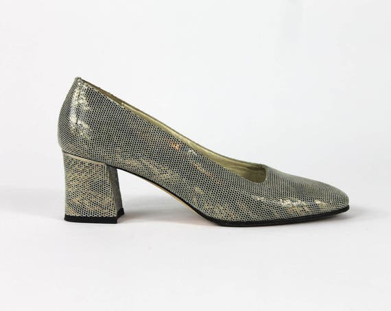 silver shoes block heel closed toe