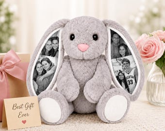 Personalized Bunny Plush Toy – Custom Photo Bunny,  Ear Picture Gift for Kids, Couples & Pet Lovers