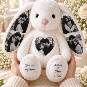 Lapin en peluche personnalisé avec photo, souvenir précieux avec oreilles photo, cadeau d'anniversaire pour couples, cadeau pour toute la famille