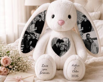 Lapin en peluche personnalisé avec photo, souvenir précieux avec oreilles photo, cadeau d'anniversaire pour couples, cadeau pour toute la famille