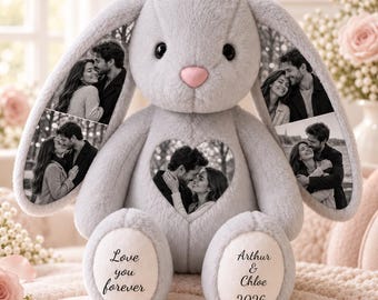Personalized Plush Bunny with Custom Photo – Hidden Ear Stuffed Animal Gift for Couples, Babies & Pet Lovers