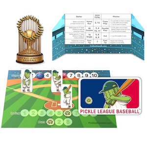 May include: A Pickle League Baseball board game set featuring a trophy with a pickle-shaped cage, a rules reference chart, a green field game board with numbered score and inning trackers, three pickle character standees, and a logo card.