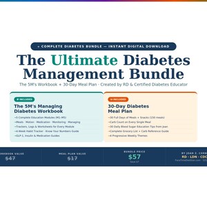 Peut inclure: Un téléchargement numérique intitulé The Ultimate Diabetes Management Bundle. Il comprend le cahier d'exercices The 5M's Managing Diabetes Workbook avec cinq modules et suivis, ainsi qu'un plan de repas de 30 jours avec des listes de courses.